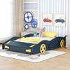 CITYLIGHT Full Size Car Beds for Boys, Race Car-Shaped Full Bed Frame with Wheels and Storage, Wooden Kids Car Full Bed for Boys with Slat Support for Child's Bedroom,Dark Blue+Yellow view 3