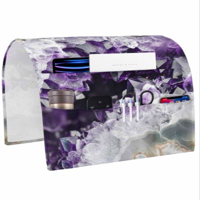 Sofa Armrest Organizer Bedside Caddy, Purple Agate Non Slip Couch Remote Control Holder for Recliner, Ombre Marble Texture Modern Abstract Art Arm Chair Caddy with Pocket for Phone, 19.7''x35''