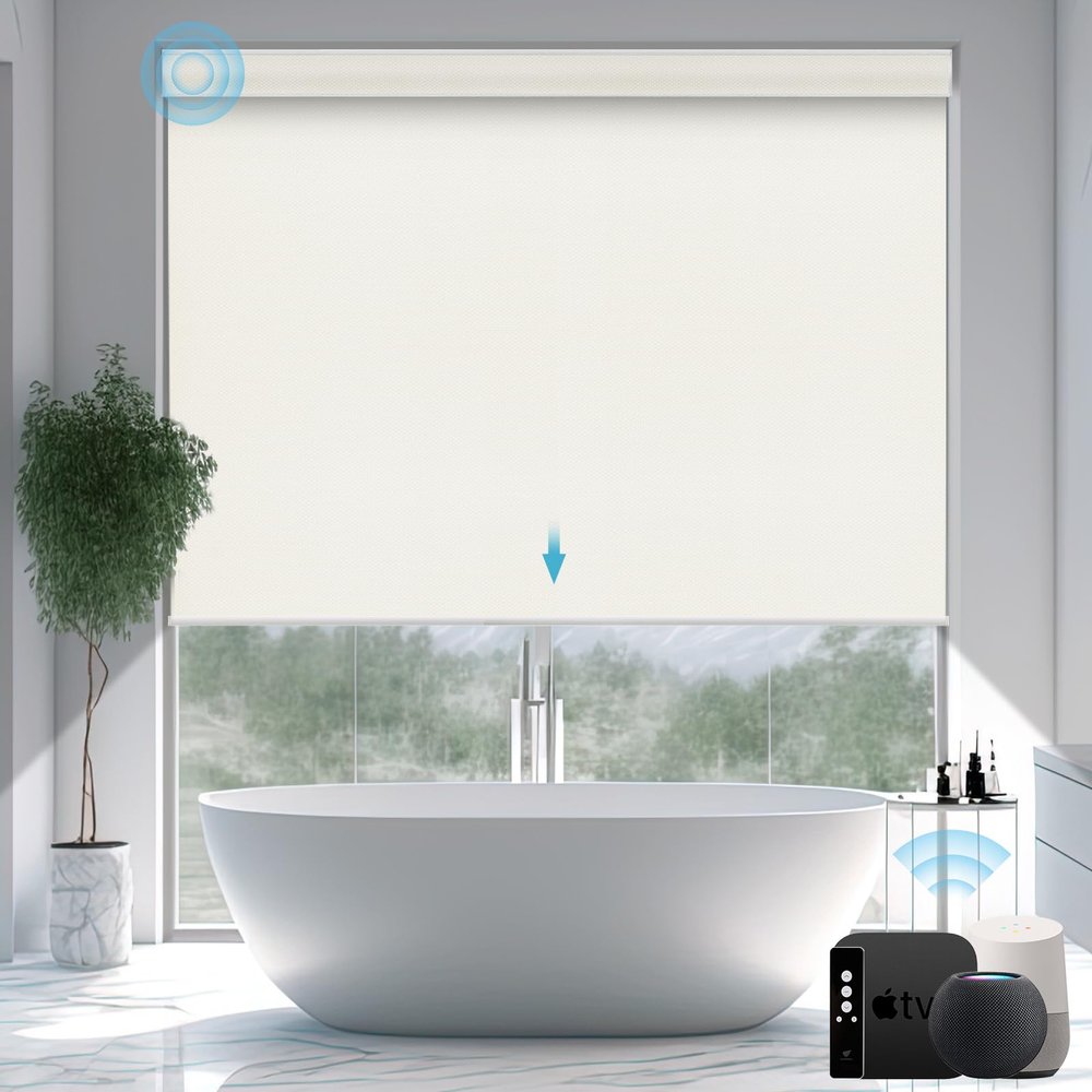 SmartWings Motorized Smart Blinds with Remote, Custom Automatic 100% Blackout Roller Shade Compatible with Alexa/Homekit/Google, Electric Smart Blinds for Indoor Windows, Vinyl Beige