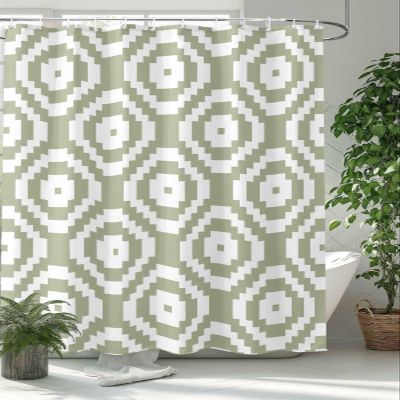 TocaHome Waterproof Shower Curtain Set for Bathroom with Hooks, Geometric Square Texture Green Polyester Fabric Shower Curtains Sets Machine Washable Bath Curtain 48"x72"