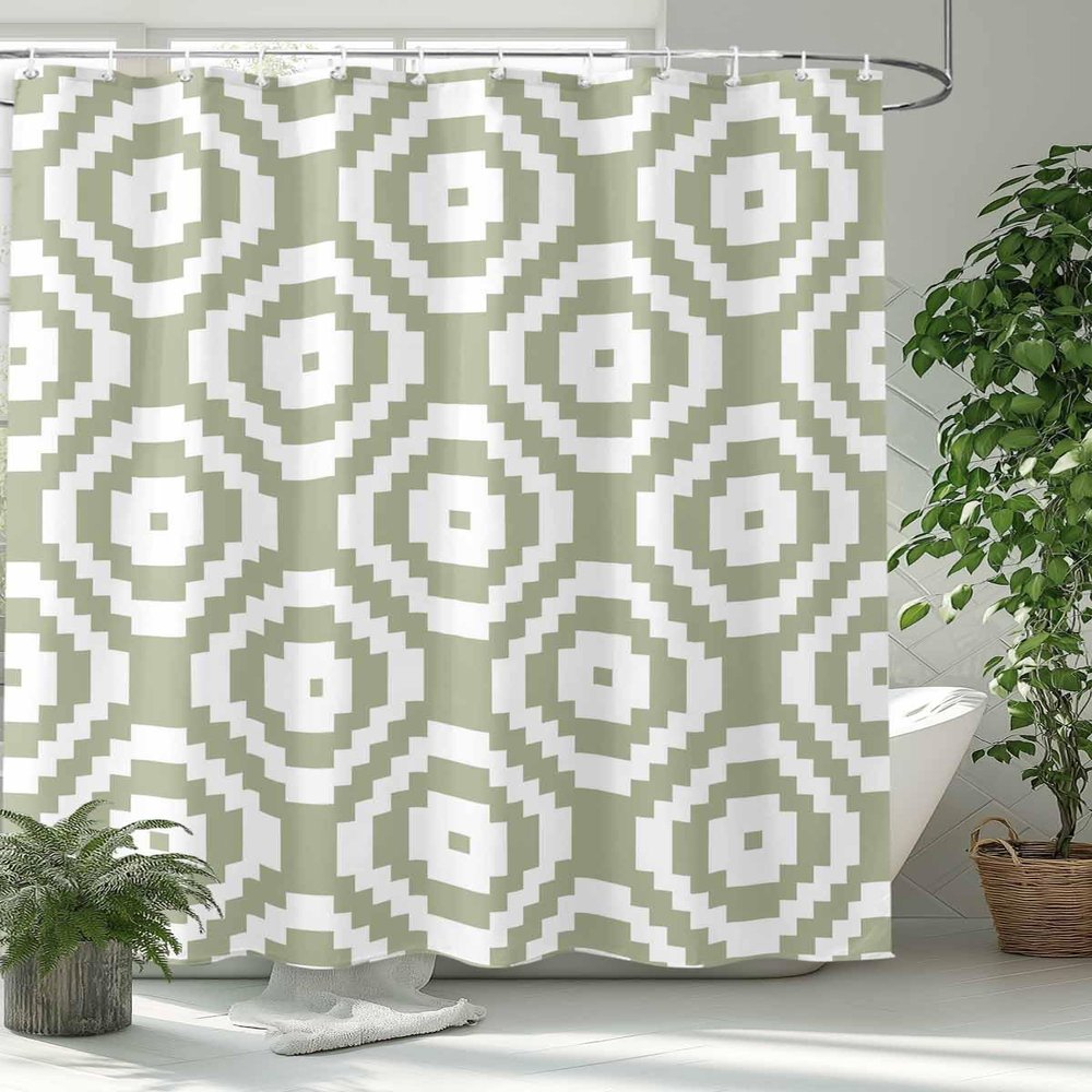 TocaHome Waterproof Shower Curtain Set for Bathroom with Hooks, Geometric Square Texture Green Polyester Fabric Shower Curtains Sets Machine Washable Bath Curtain 48"x72"