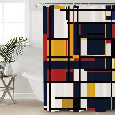 TocaHome Waterproof Shower Curtain Set for Bathroom with Hooks, Line Color Block Overlay Mondrian Geometric Abstraction Polyester Fabric Shower Curtains Sets Machine Washable Bath Curtain 72"x78"