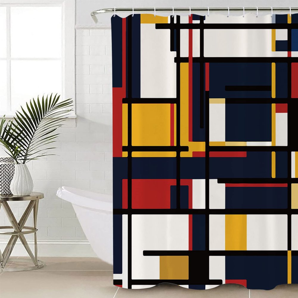 TocaHome Waterproof Shower Curtain Set for Bathroom with Hooks, Line Color Block Overlay Mondrian Geometric Abstraction Polyester Fabric Shower Curtains Sets Machine Washable Bath Curtain 72"x78"