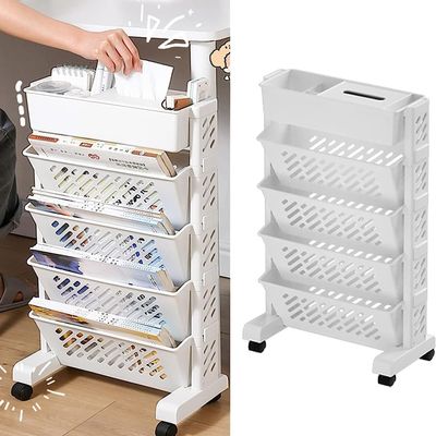 5/6 Tier Mobile Bookshelf, Removable Movable Unique Bookcase with Wheels, Floor Standing Multi-Layer Bookshelf Organizer Suitable for Studying in Bedrooms, Living Rooms, White