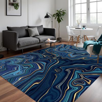 Mamatong Modern Abstract Marble Swirl Navy Gold Washable Area Rug for Livingroom Bedroom Non-Shedding Aesthetic Rug Under Dining Table Office Kitchen Hallway Rug 7x10