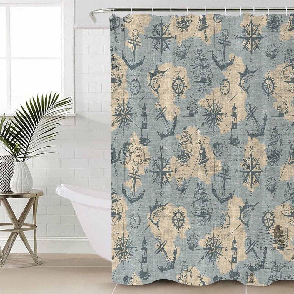 TocaHome Waterproof Shower Curtain Set for Bathroom with Hooks, Vintage Sailing Lighthouse Fish Polyester Fabric Shower Curtains Sets Machine Washable Bath Curtain 72"x72"