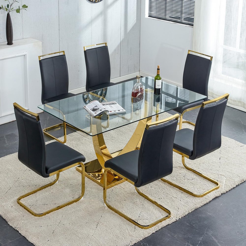 HAIZAO 63 inch Glass Dining Table Set for 6, Tempered Glass Tabletop with Golden U-Shaped Plated Metal Bracket, PU Faux Leather Chairs with Golden Metal Legs, for Dining Room, Black