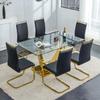 HAIZAO 63 inch Glass Dining Table Set for 6, Tempered Glass Tabletop with Golden U-Shaped Plated Metal Bracket, PU Faux Leather Chairs with Golden Metal Legs, for Dining Room, Black view 1