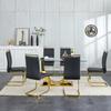 HAIZAO 63 inch Glass Dining Table Set for 6, Tempered Glass Tabletop with Golden U-Shaped Plated Metal Bracket, PU Faux Leather Chairs with Golden Metal Legs, for Dining Room, Black view 2