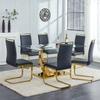 HAIZAO 63 inch Glass Dining Table Set for 6, Tempered Glass Tabletop with Golden U-Shaped Plated Metal Bracket, PU Faux Leather Chairs with Golden Metal Legs, for Dining Room, Black view 3