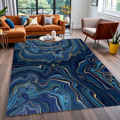 Mamatong Modern Abstract Marble Swirl Navy Gold Washable Area Rug for Livingroom Bedroom Non-Shedding Aesthetic Rug Under Dining Table Office Kitchen Hallway Rug 4x6