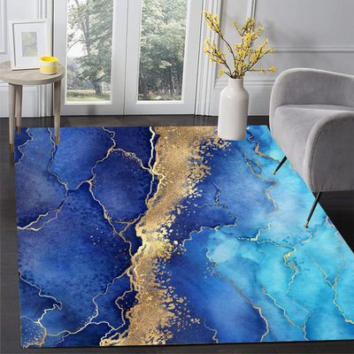Modern Abstract Gold and Light Blue Marble Pattern Area Rug for Livingroom Bedroom Diningroom Washable Soft No-Slip Home Office Floor Carpet Indoor Outdoor Rug 7x10