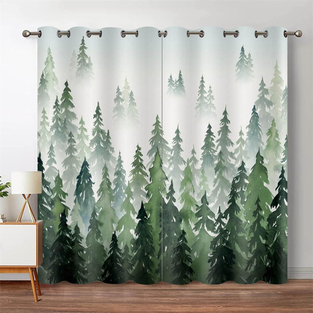 HYFBH Green Forest 2 Panels Window Curtains Watercolor Tree Silhouette Nature Landscape Printed Curtain for Bedroom Living Room WxH/2x29x72inch Curtains & Drapes