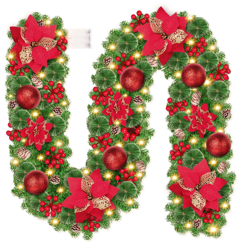 Christmas Garland with Lights, 9FT Lighted Christmas Garland with 30 LED, Prelit Garland Battery Operated Garland Christmas Decorations for Stairs Railing Fireplace Mantle Front Door Porch Home