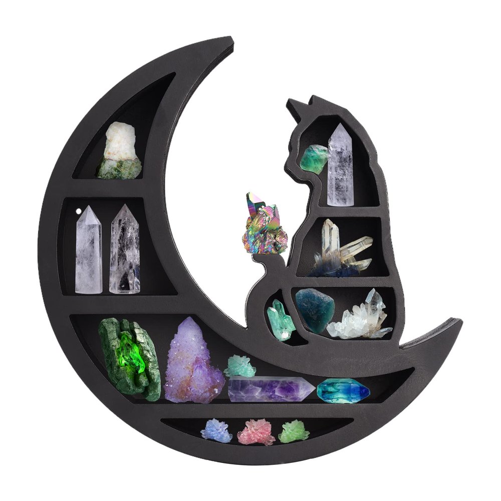BEIJIALY Wooden Crystal Display Shelf, Crescent Moon Crystal Shelf Wall Decor Wooden Essential Oil Shelf, Wall Mounted Floating Shelves, Crystal Holder for Stones Display(Moon)