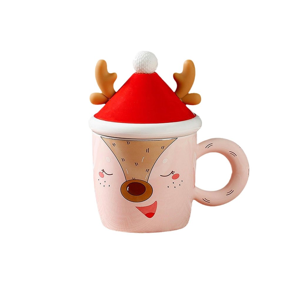 380ML Christmas Elk Ceramic Mug Business Office Mug with Lid and Spoon Microwaveable Suitable for office home restaurant cafe teahouse lounge bar-Pink Cup-2,380ML