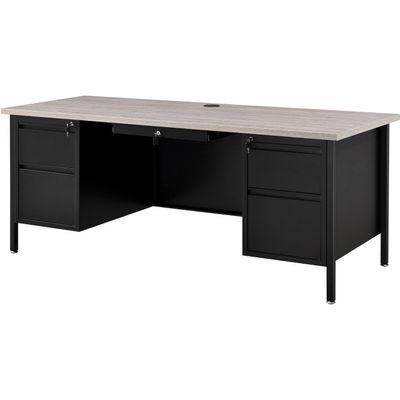 Global Industrial 72" W x 30" D x 30-1/2"H Steel Teacher's Desk, Gray Top with Black Frame, Double Pedestal Desk with Center Drawer, 4 Locking Box/Box Drawers