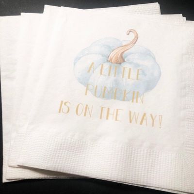 A Little Pumpkin Is On It's Way- Boy Fall Baby Shower- Blue Pumpkin Gold Cocktail Napkins- Set of 25
