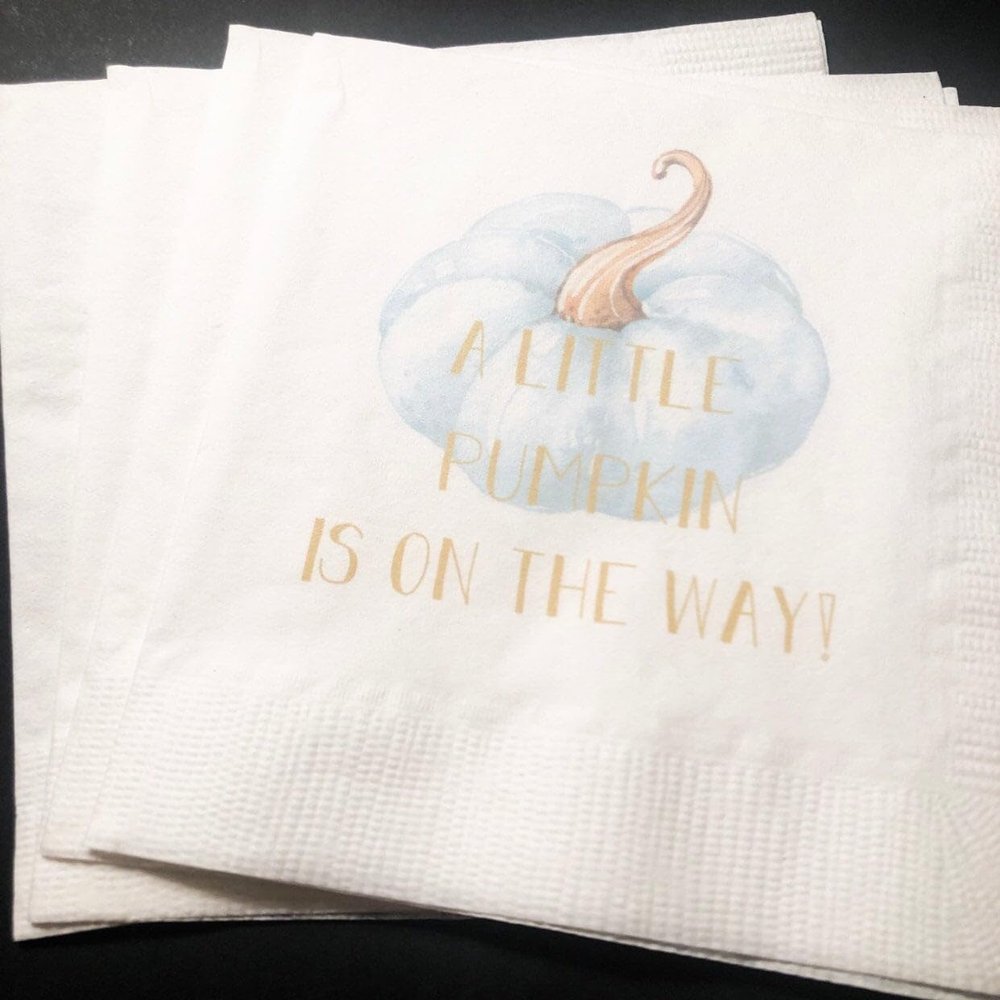 A Little Pumpkin Is On It's Way- Boy Fall Baby Shower- Blue Pumpkin Gold Cocktail Napkins- Set of 25