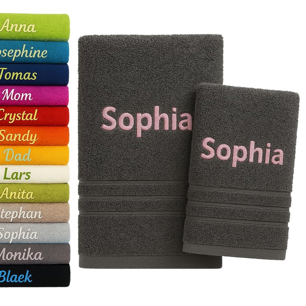 2 Pieces Personalised Bath Towel and Hand Towel with Name Beautifully Embroidered Name Custom Towel 2 Pack Cotton Towel Set Personalized Gift (Graphite)