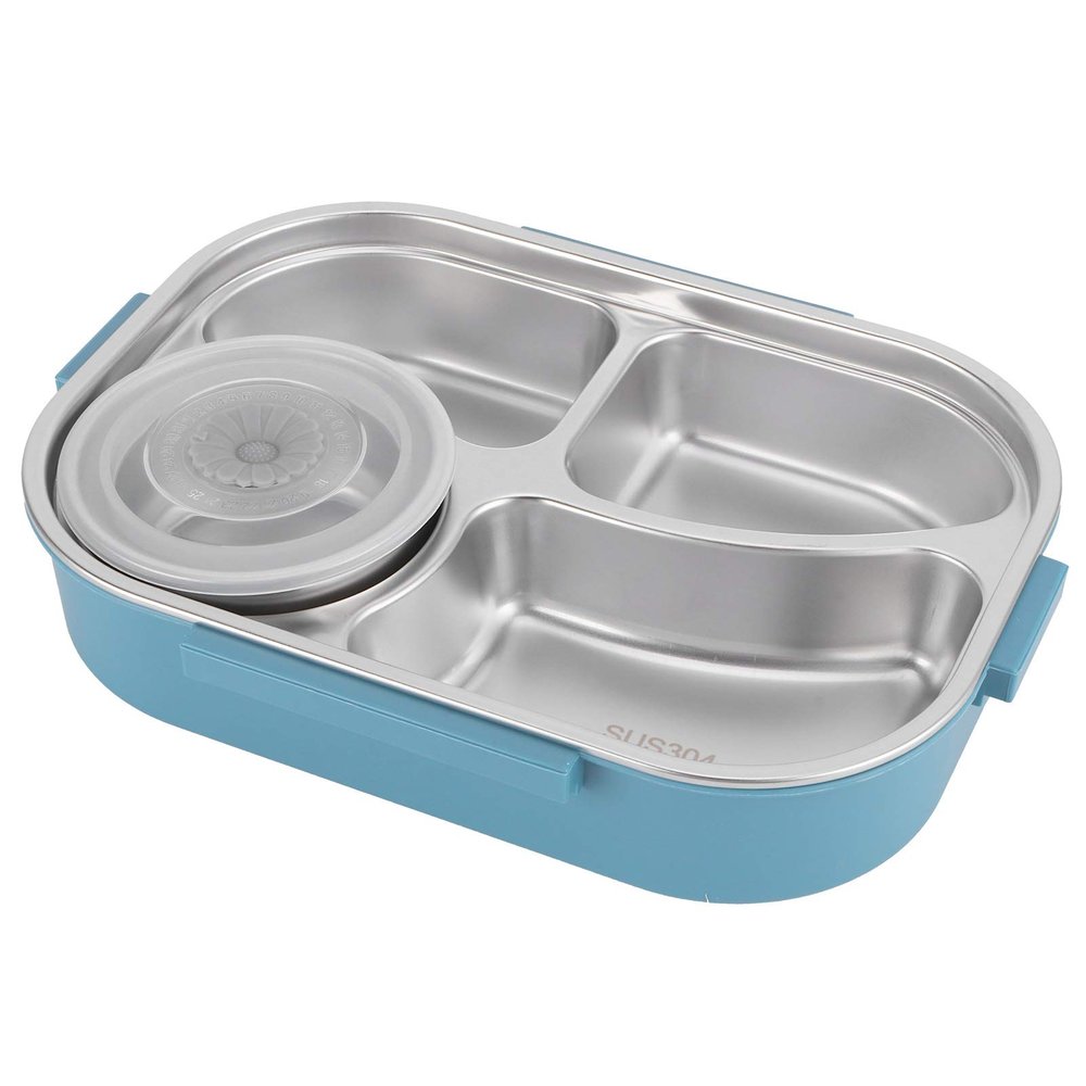 Yosoo Stainless Steel Lunch Box, 4 Grid Portable Box, Food Storage Container, Good Sealing Performance, Includes Spoons and Chopsticks (Four grid lunch box with soup bowl: blue)