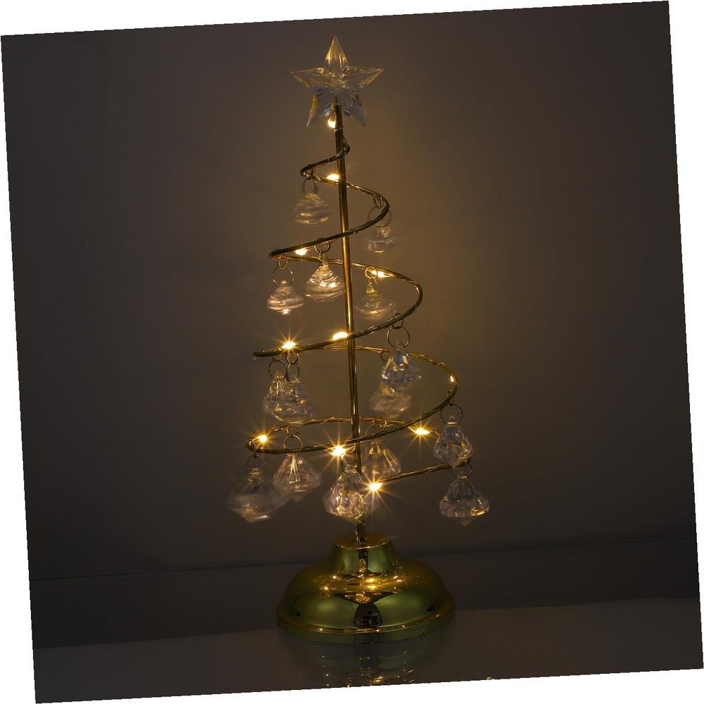 Golden Iron Art Crystal Christmas Tree Night Light, Desktop Ornament
