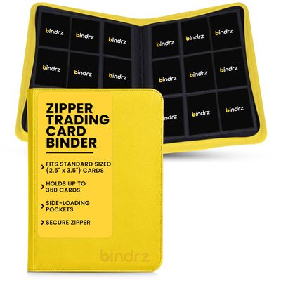 bindrz 9 Pocket Zipper Binder for 360 Sleeved Trading Cards - Side Loading Pockets Album - Archival Safe Material and Compatible with TCG MTG and Sports Collectibles (Yellow)