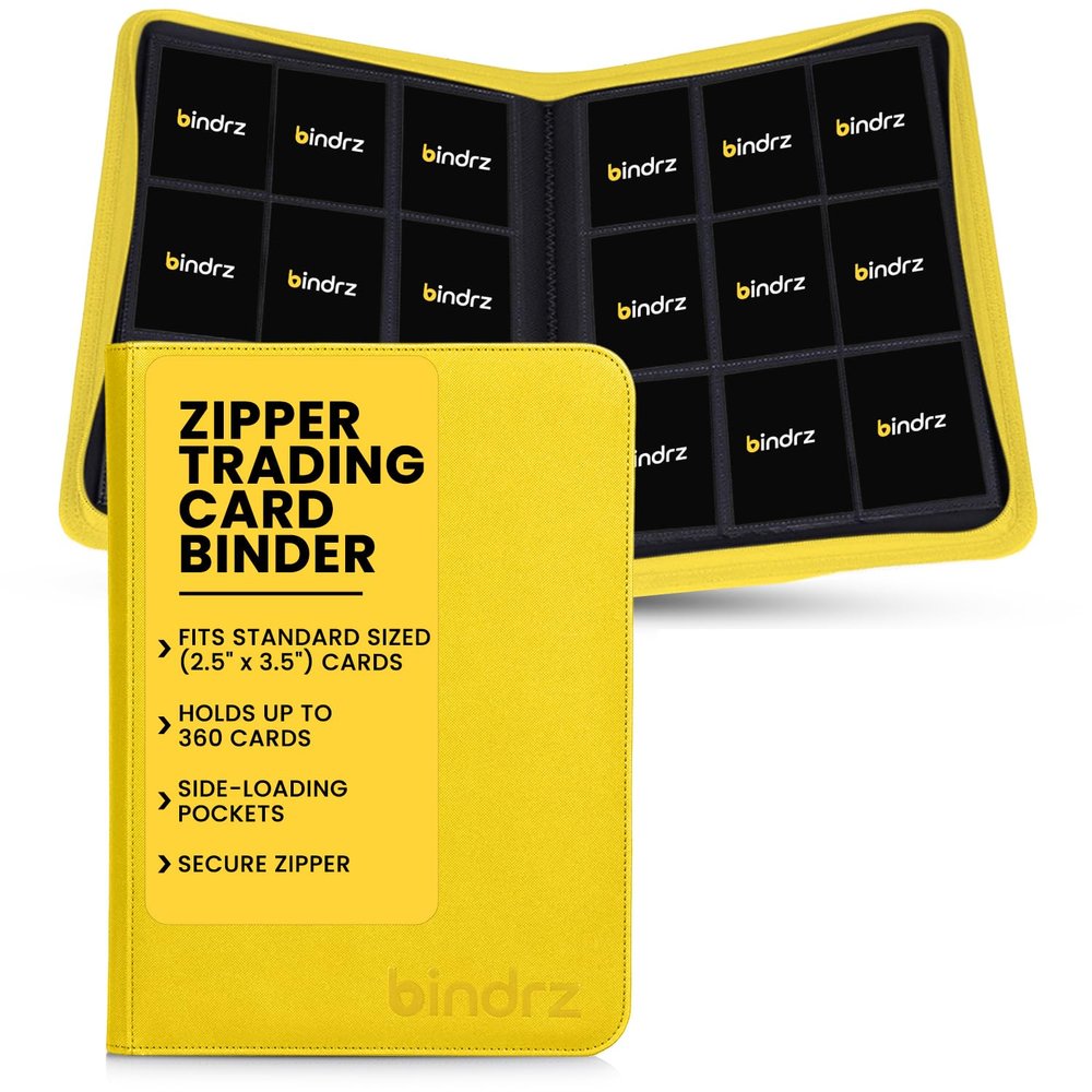 bindrz 9 Pocket Zipper Binder for 360 Sleeved Trading Cards - Side Loading Pockets Album - Archival Safe Material and Compatible with TCG MTG and Sports Collectibles (Yellow)