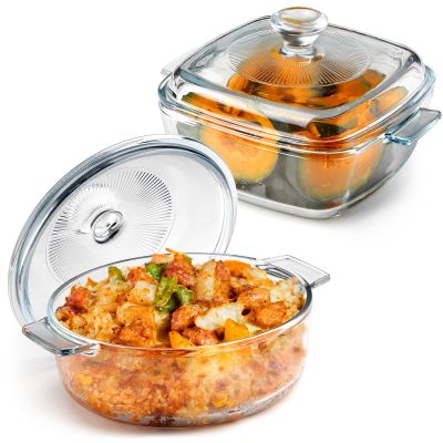 NUTRIUPS Mini Glass Casserole Dish Set with Lid Oven Safe Casserole Dish Set 2 Pack (5.9in Square+6in Round), 25oz Glass Microwave Bowl With Lid Microwavable Cookware