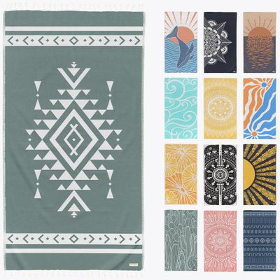 FESHKA Sand Free Turkish Beach Towel (37 x 67) Quick Dry Bath Towel, Oversized Beach Blanket, Lightweight for Travel - Made with 100% Organic Turkish Cotton - Aztec (Green)