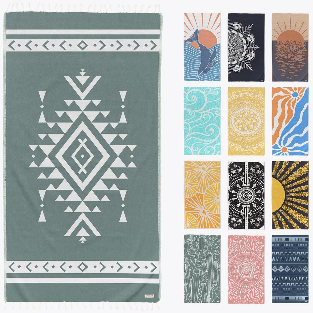 FESHKA Sand Free Turkish Beach Towel (37 x 67) Quick Dry Bath Towel, Oversized Beach Blanket, Lightweight for Travel - Made with 100% Organic Turkish Cotton - Aztec (Green)