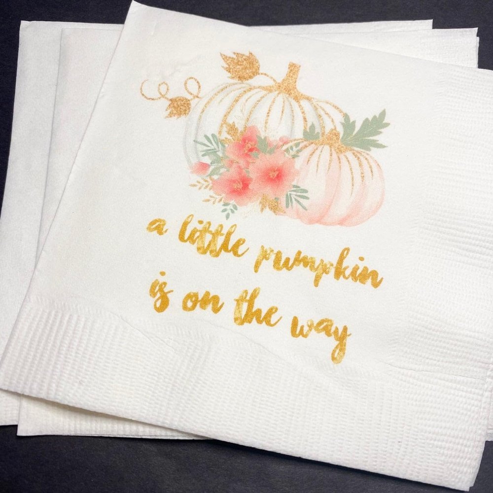 A Little Pumpkin Is On It's Way- Girl Fall, Baby Shower- Pink Pumpkin Gold Dinner Napkins- Set of 25