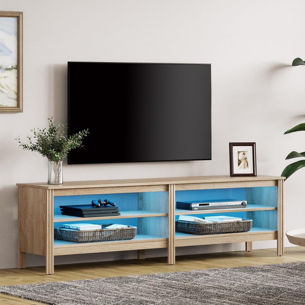 WAMPAT Farmhouse TV Stand for 75 Inch TV, LED Wood Entertainment Center for 70 65 55 inch TV Console Media Table with 4 Big Storage for Living Room Bedroom, Oak
