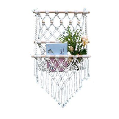 Cotton Mesh Woven Book Holder,2 Layer Wall Hanging Magazine Storage Organizer Rack Nordic Decor Mail Key Holder, with Wooden Bead Decoration Wall Decor Ivory