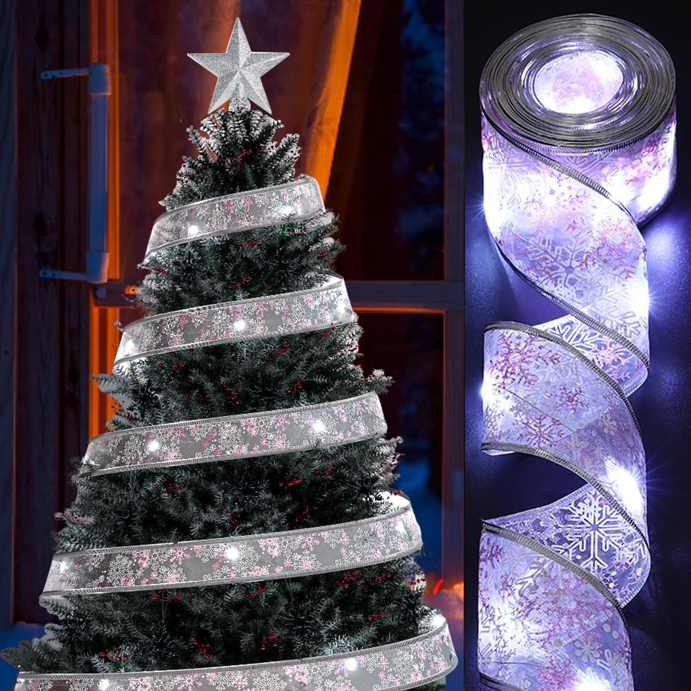 Christmas Ribbon Lights 1PC Pink White Silver Snowflake 32Ft x 2.4Inches with 100 LED Lights and 8 Lighting Modes USB Powered Fairy Lights for New Year Christmas Decorations (Pink)