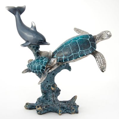 Dolphin and Sea Turtle Swimming on Coral Reef Ocean Figurine Coastal Tabletop Decor - Sea Life Sculpture Beach House Nautical Room Accent