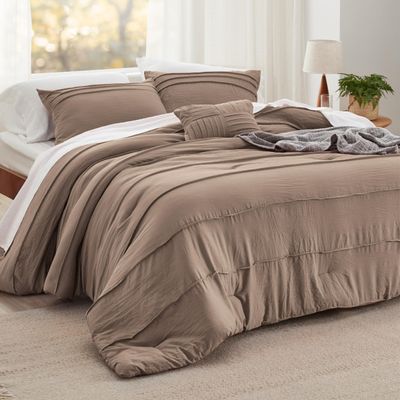 Bedsure Queen Comforter Set - 4 Pieces Pinch Pleat Bed Set, Brown Boho Bedding for All Season, 1 Soft Comforter, 2 Pillowcases, 1 Decorative Pillow