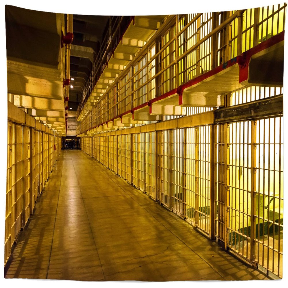 Loccor Prison Tapestry Alcatraz Island Prison Corridor Fence Scene Wall Hangings Cell Bars Murder Crime Wall Hangings Halloween Party Birthday Decoration Home Living Room Decor W178xH118 Inches
