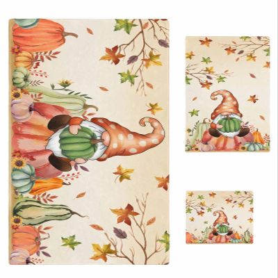 Anzona Thanksgiving 3 Piece Bath Towels Set, Fall Green Pumpkins Gnomes Maple Tree Leaves Soft & Absorbent Towel for Bathroom, Hotel (1 Bath Towel 30x60, 1 Hand Towel 16x28, 1 Washcloth 13x13)
