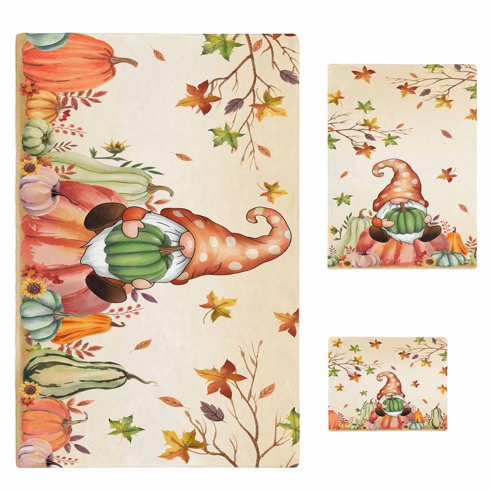 Anzona Thanksgiving 3 Piece Bath Towels Set, Fall Green Pumpkins Gnomes Maple Tree Leaves Soft & Absorbent Towel for Bathroom, Hotel (1 Bath Towel 30x60, 1 Hand Towel 16x28, 1 Washcloth 13x13)