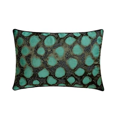 The HomeCentric Decorative Teal Blue 12"x16" (30x40 cm) Lumbar Pillow Cover, Jacquard Peacock, Hand Embroidery, Beaded Oblong Pillow, Abstract Pattern Modern Style - Shyam