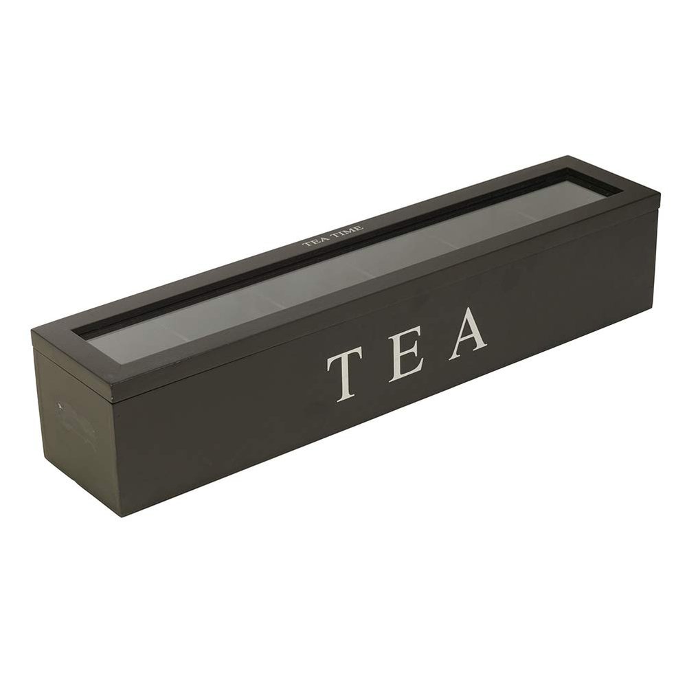 Divided Storage Organizer Container with 6 Compartments Food Storage Bin Wooden Tea Drawer Box Pantry Bin for Snacks Tea Bags Coffee Sugar (Black)
