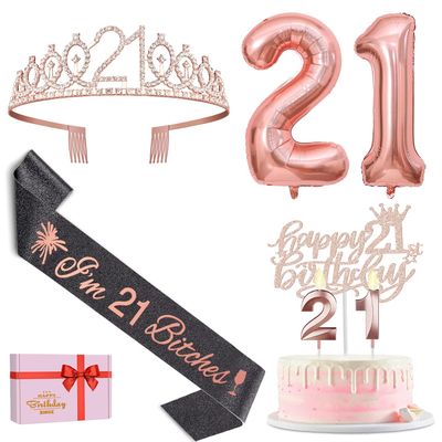 21st Birthday Decorations for Her with Black 21st Birthday Sash and Tiara, Cake Topper and Candles, Number Balloons Rose Gold, 21 Year Old Gifts for Her