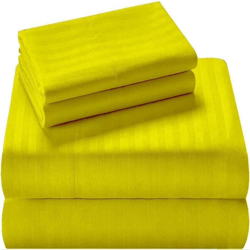 100% Organic Cotton Sheets for Olympic Queen Size Bed, 400 Thread Count Soft Cooling Sheets Easy Fit -18''-20'' Inch Deep Pockets - 4 Piece Bed Sheets Olympic Queen Sheet Set, Yellow Stripe