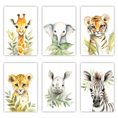 LZIMU Baby Safari Animals Nursery Wall Art 6 Pieces Cute Giraffe Elephant Tiger Leopard Rhino Zebra Poster Woodland Canvas Prints Kids Room Decor (No frame (Rolled up Canvas), 20.00"x30.00"x6)