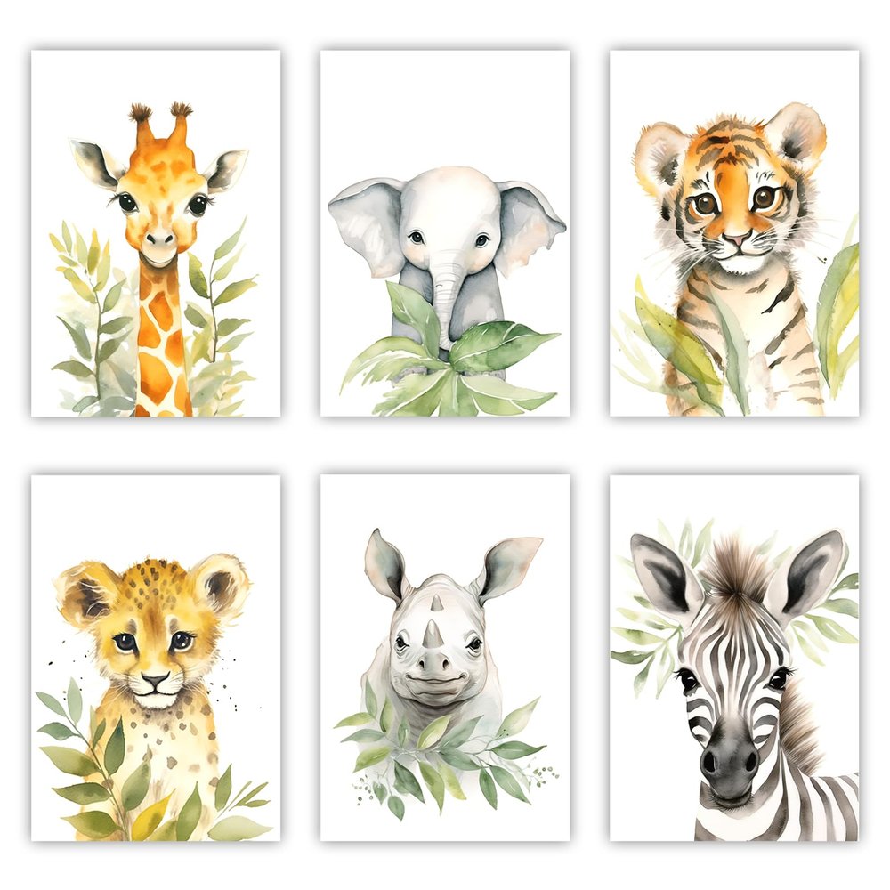 LZIMU Baby Safari Animals Nursery Wall Art 6 Pieces Cute Giraffe Elephant Tiger Leopard Rhino Zebra Poster Woodland Canvas Prints Kids Room Decor (No frame (Rolled up Canvas), 20.00"x30.00"x6)