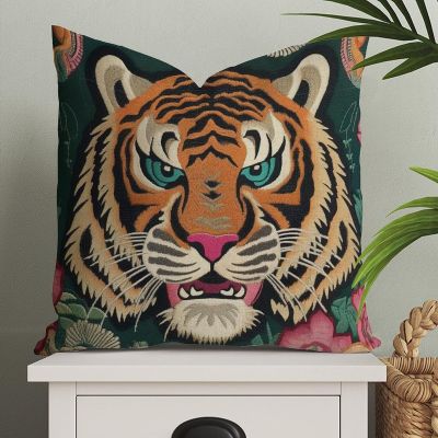 ArogGeld Tiger Pillow Colorful Chinoiserie Style Pillow Case Tibetan Tiger Euro Sham Pillow Cover Asian Cushion Cover 20x20in Accent Pillowcase Rustic Home Decor for Sofa Living Room Bedroom