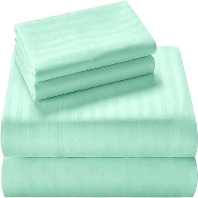 100% Organic Cotton Sheets for Rv Short Queen Size Bed, 400 Thread Count Soft Cooling Sheets Easy Fit -18''-20'' Inch Deep Pockets - 4 Piece Bed Sheets Rv Short Queen Sheet Set, Aqua Stripe