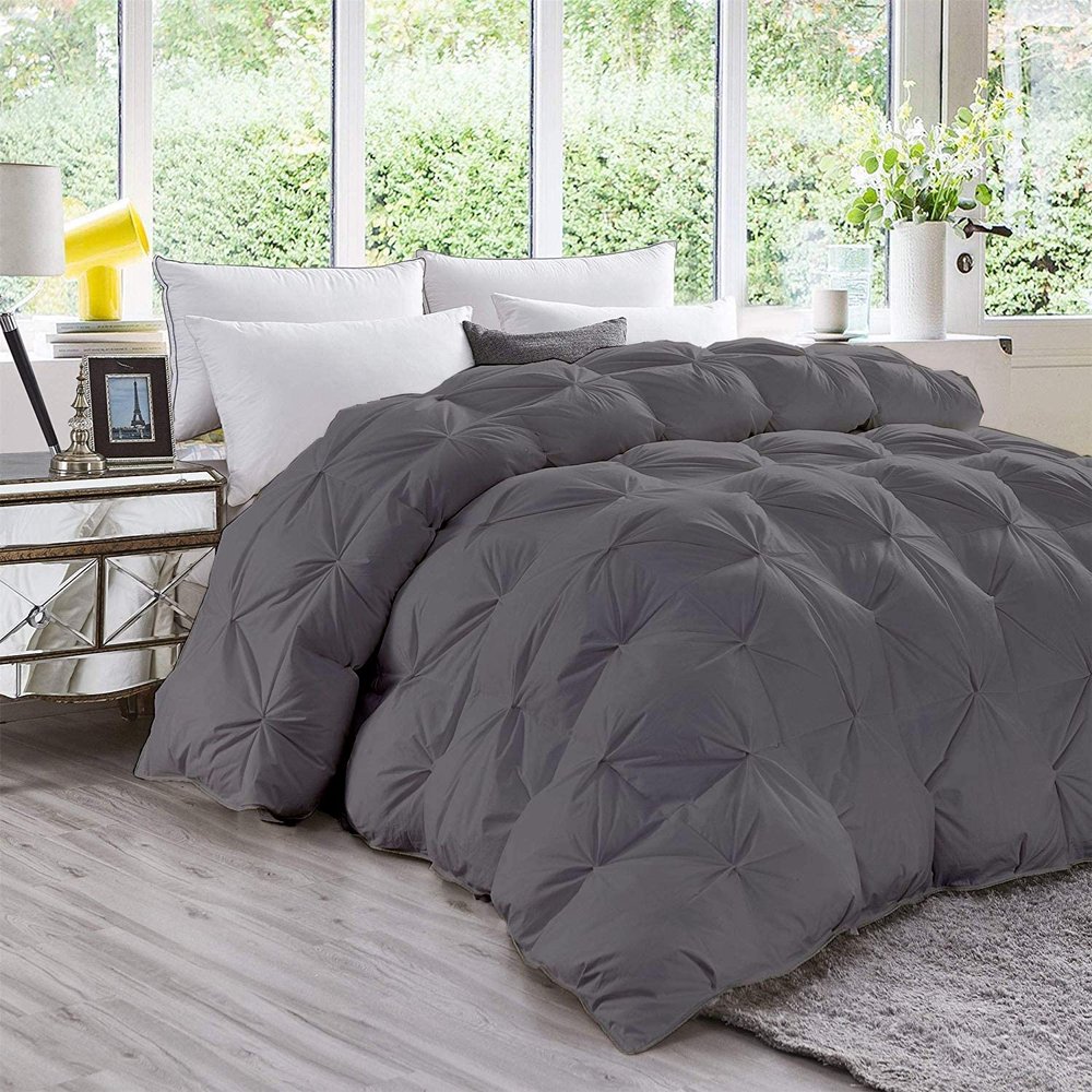 LinenHouse 1000-TC Pinch Pleated Down Comforter Oversized Queen Size 98 x 98 Inches 1-Piece All-Season Duvet Insert/Comforter, 500 GSM Micro Fill with All Side Corner Tabs 100% Microfiber Fill Power