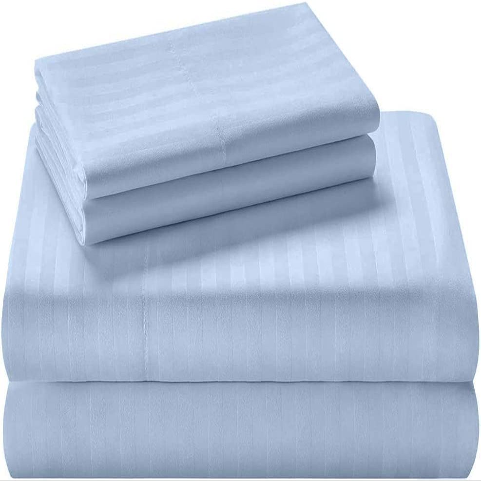 100% Organic Cotton Sheets for California King Size Bed, 400 Thread Count Soft Cooling Sheets Easy Fit -18''-20'' Inch Deep Pockets - 4 Piece Bed Sheets California King Sheet Set, Sky Blue Stripe